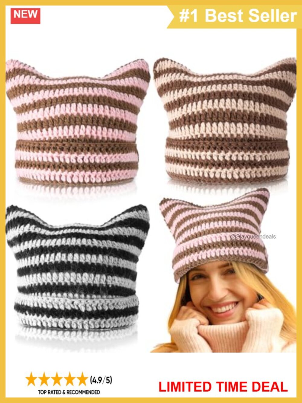 3 Pc Crochet Cat Ear Beanie Slouchy Knit Hat Y2K Streetwear